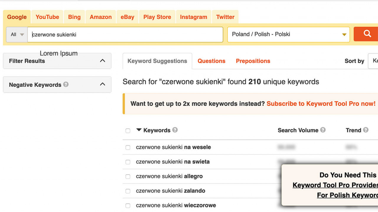 Keyword Tool narzędzie do masowego wyciągania fraz z Google Autocomplete